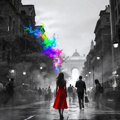 The primary subject of the image is a woman wearing a red dress, walking down a street. The setting is a city street with buildings in the background. The visual style is a black and white photo, giving it a classic and timeless appearance. The colors and mood of the image are predominantly dark, with the woman in red standing out as the focal point.